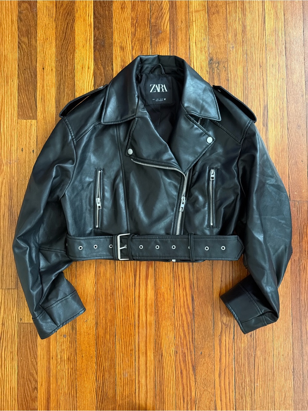ZARA Black Cropped Leather Biker Jacket